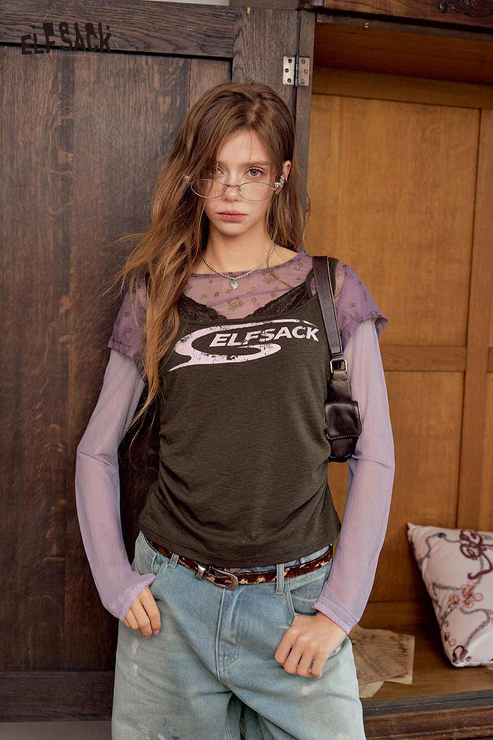 2 In 1 Graphic Lace Trim Tee