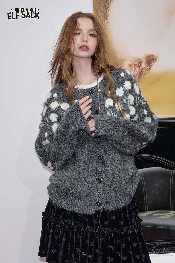 3D Floral Embroidered Cardigan Sweater