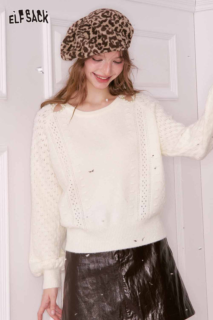 ELFSACK 3D Pearl Embellishment Shoulder Cutout Round Neck Cropped Sweater