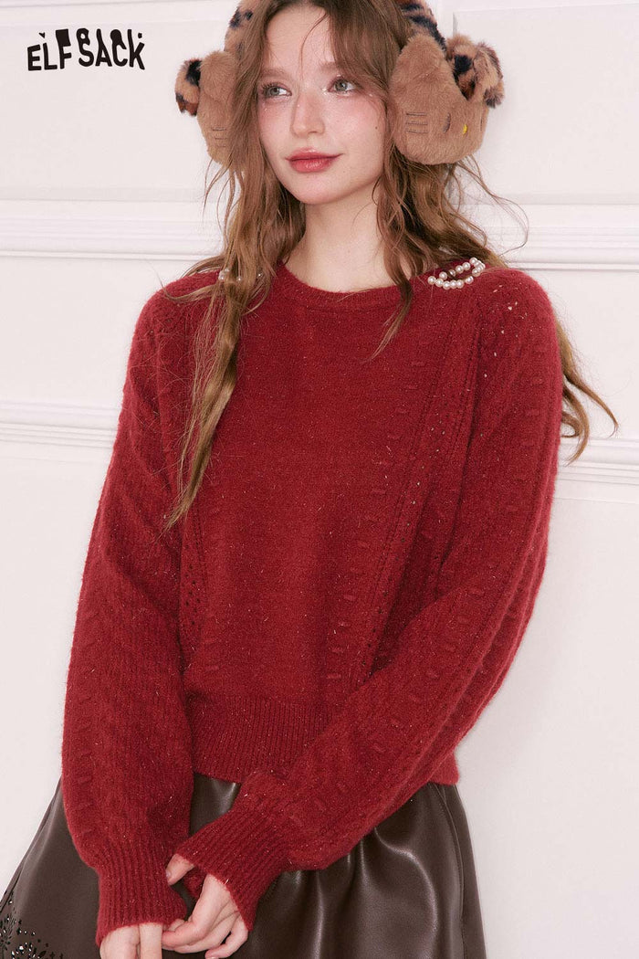 ELFSACK 3D Pearl Embellishment Shoulder Cutout Round Neck Cropped Sweater