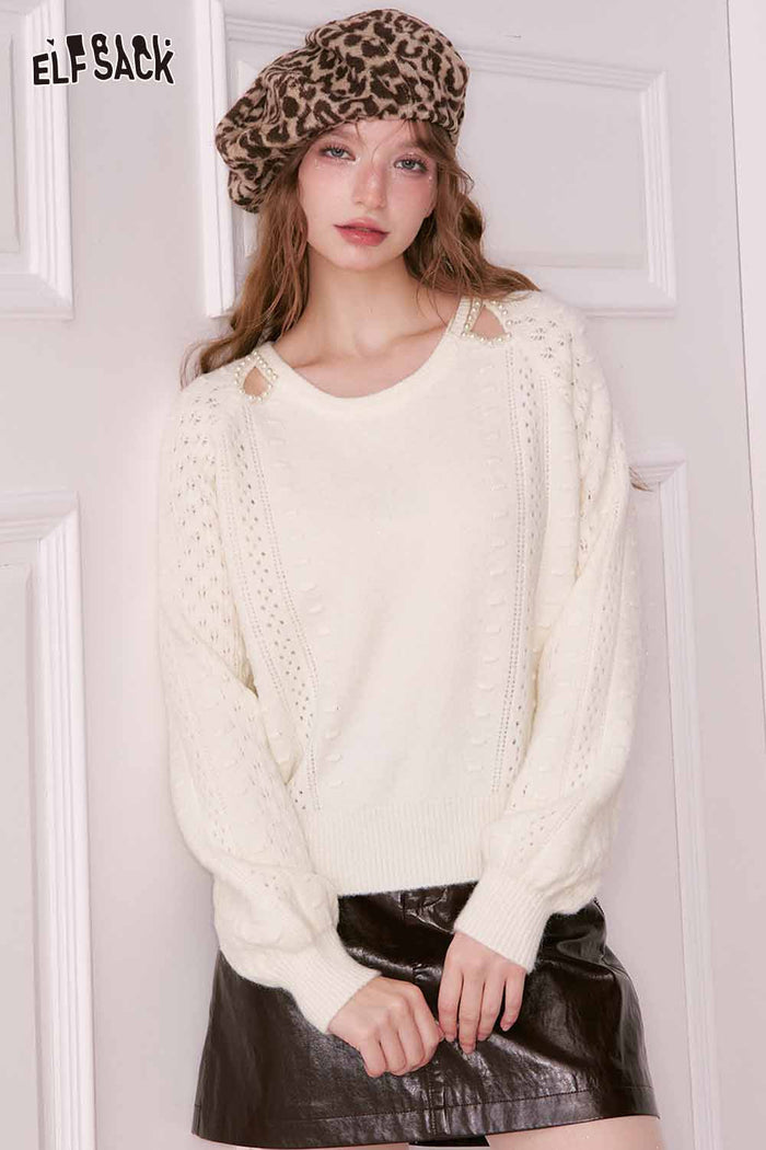 ELFSACK 3D Pearl Embellishment Shoulder Cutout Round Neck Cropped Sweater