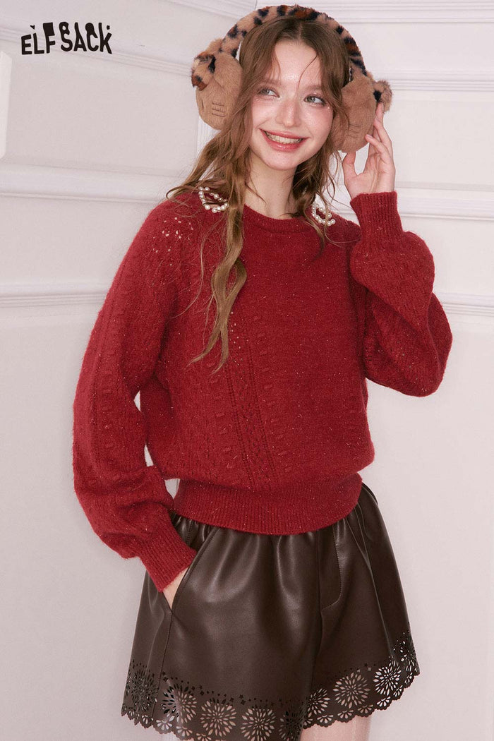 ELFSACK 3D Pearl Embellishment Shoulder Cutout Round Neck Cropped Sweater