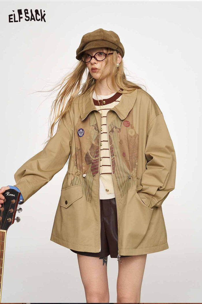 A Line Drawstring Waist Fake Layered Trench Coat