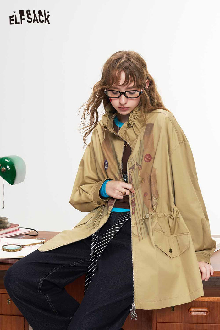 A Line Drawstring Waist Fake Layered Trench Coat