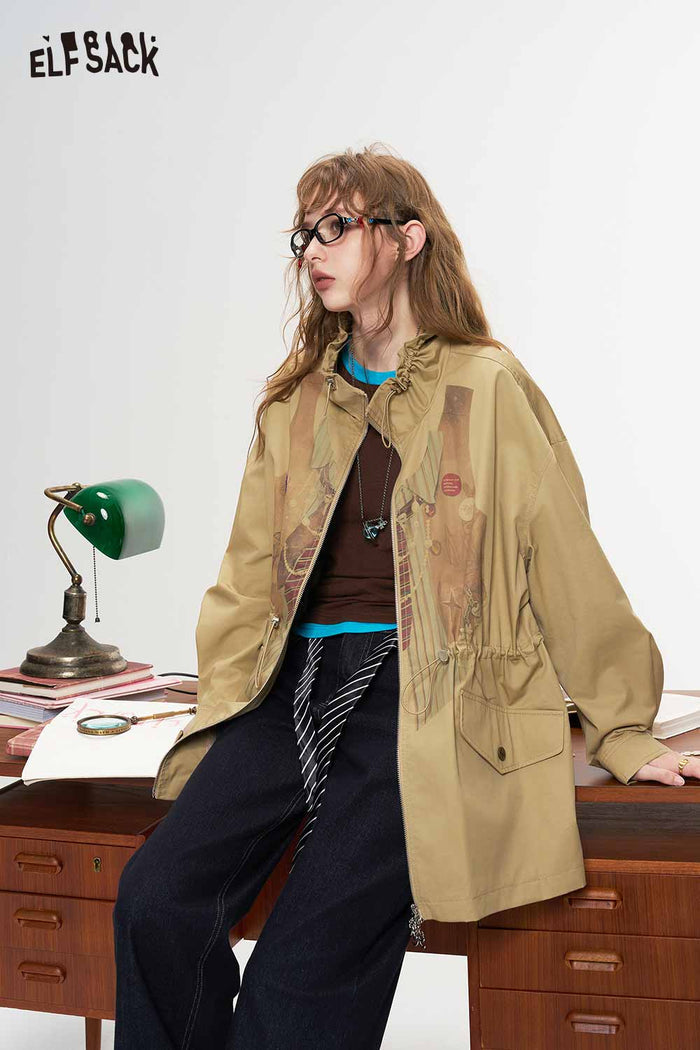 A Line Drawstring Waist Fake Layered Trench Coat