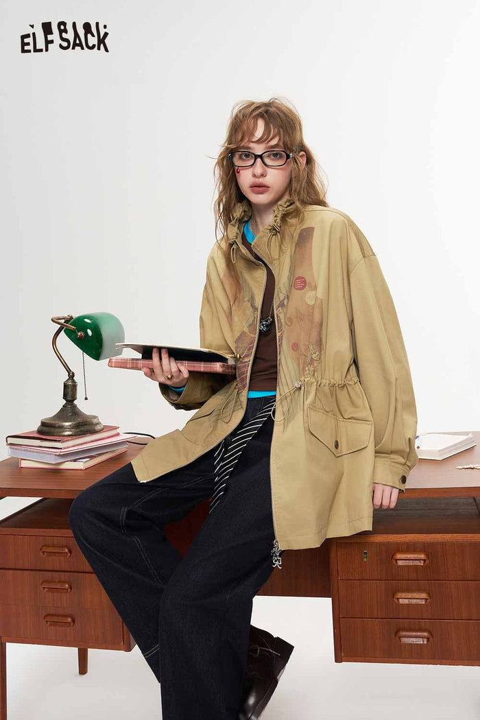 A Line Drawstring Waist Fake Layered Trench Coat