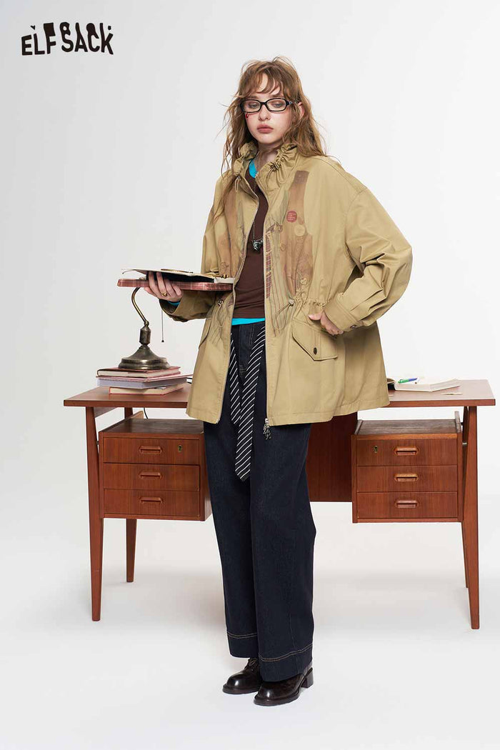 A Line Drawstring Waist Fake Layered Trench Coat