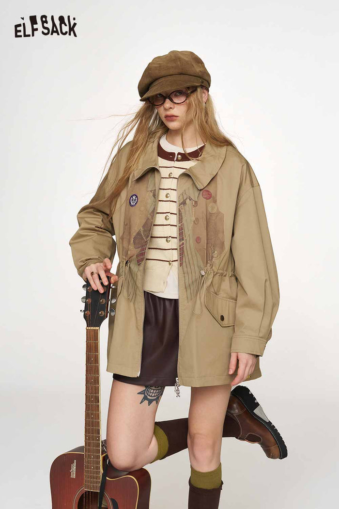 A Line Drawstring Waist Fake Layered Trench Coat