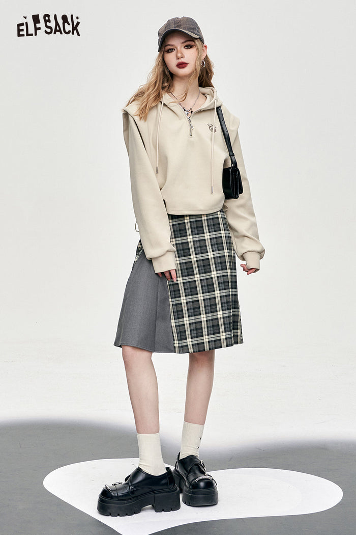 ELFSACK American Style Gray Patchwork Plaid A Line Skirt