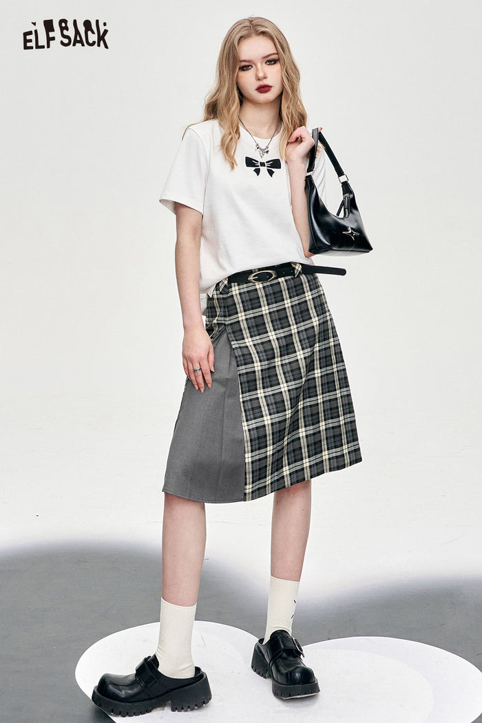 ELFSACK American Style Gray Patchwork Plaid A Line Skirt
