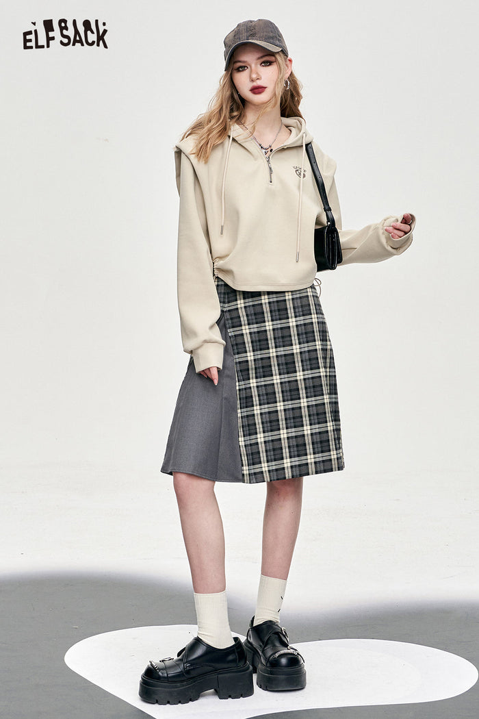 ELFSACK American Style Gray Patchwork Plaid A Line Skirt