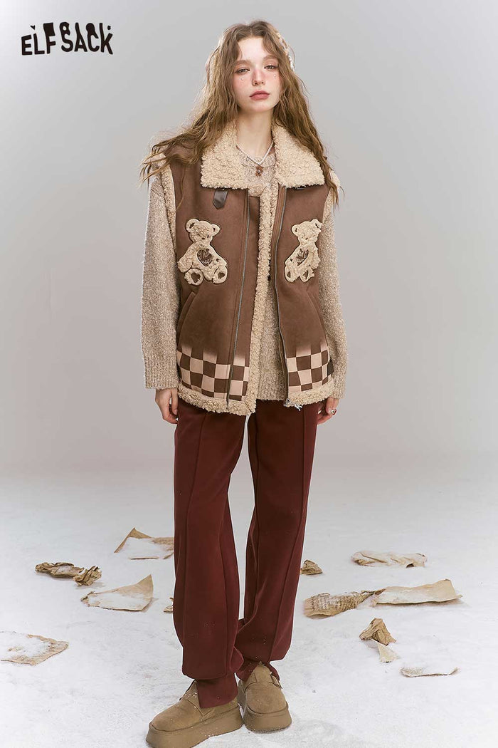 ELFSACK Angora Red Fleece Lining Split Bell Bottom Pants