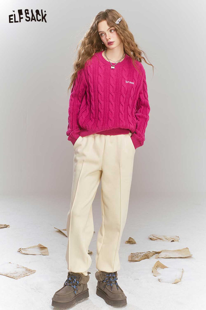 ELFSACK Angora Red Fleece Lining Split Bell Bottom Pants