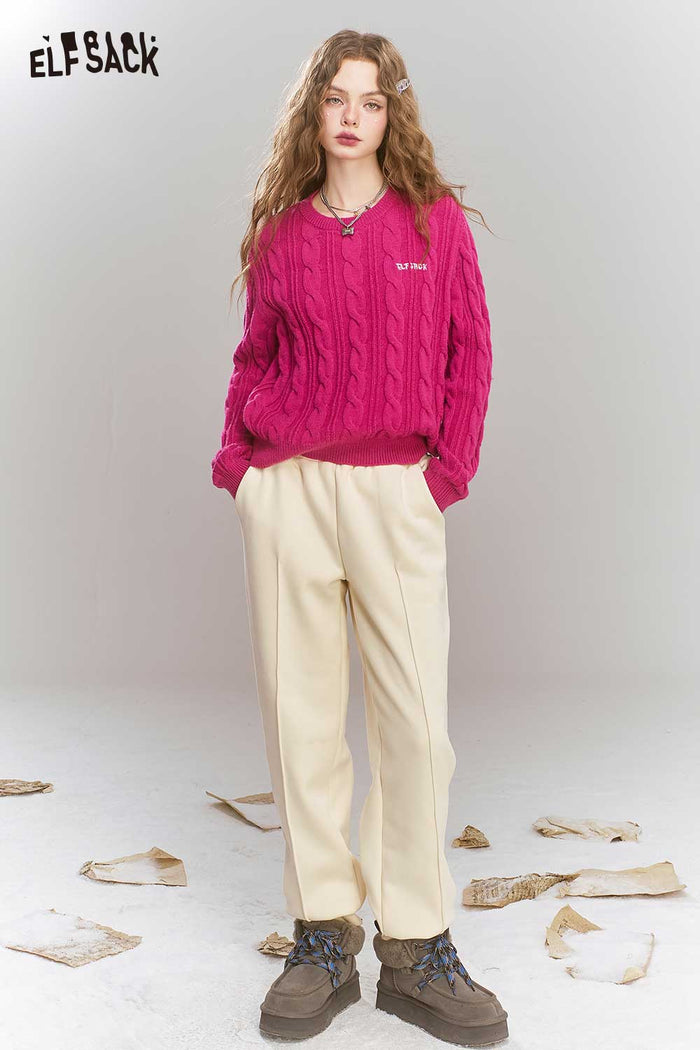 ELFSACK Angora Red Fleece Lining Split Bell Bottom Pants