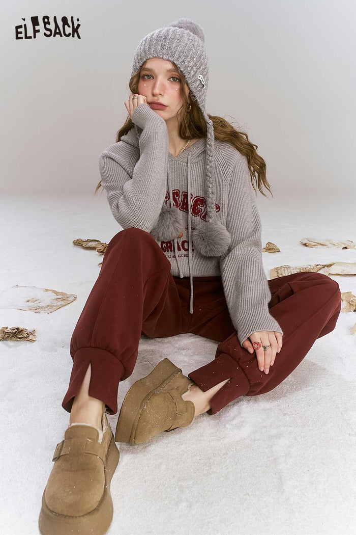 ELFSACK Angora Red Fleece Lining Split Bell Bottom Pants