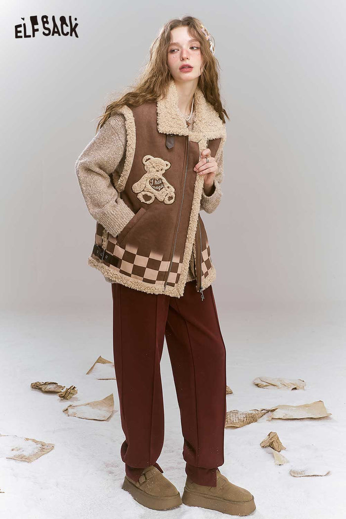 ELFSACK Angora Red Fleece Lining Split Bell Bottom Pants