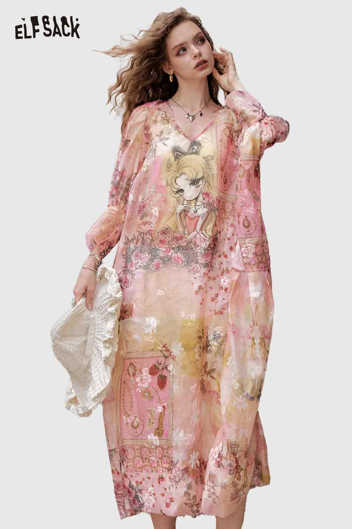 ELFSACK Anime Girl Graphic Print V Neck Maxi Dress with Floral Details