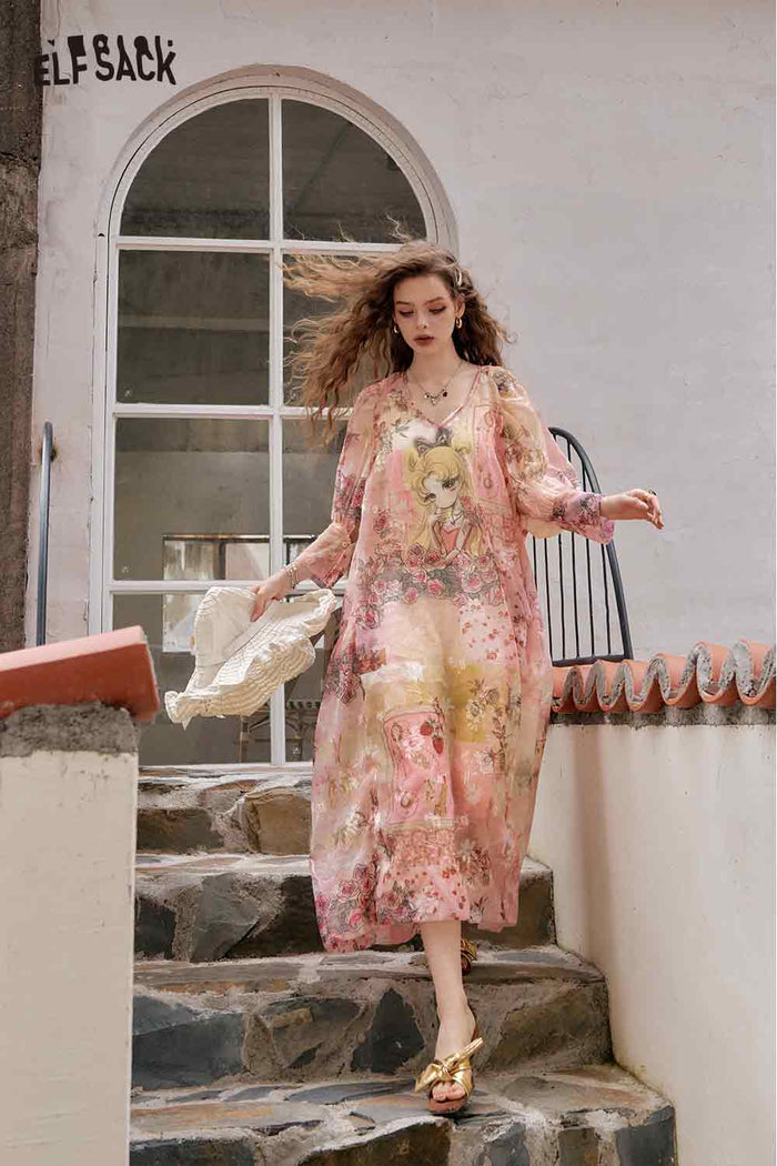 ELFSACK Anime Girl Graphic Print V Neck Maxi Dress with Floral Details