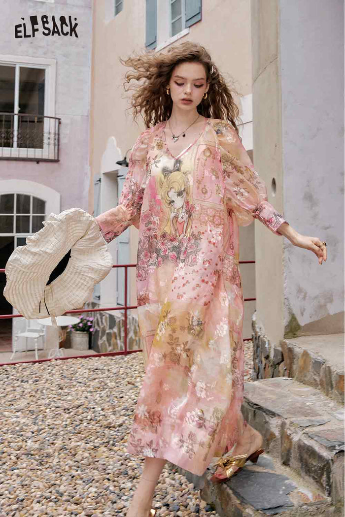 ELFSACK Anime Girl Graphic Print V Neck Maxi Dress with Floral Details