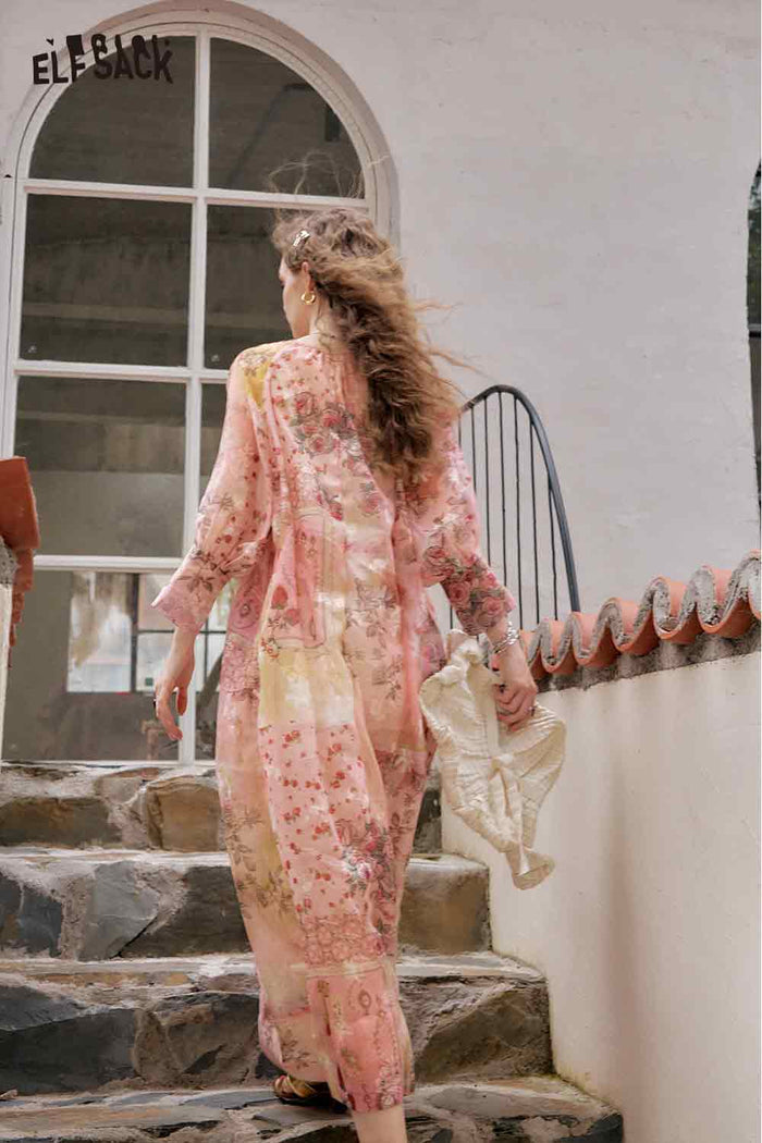 ELFSACK Anime Girl Graphic Print V Neck Maxi Dress with Floral Details