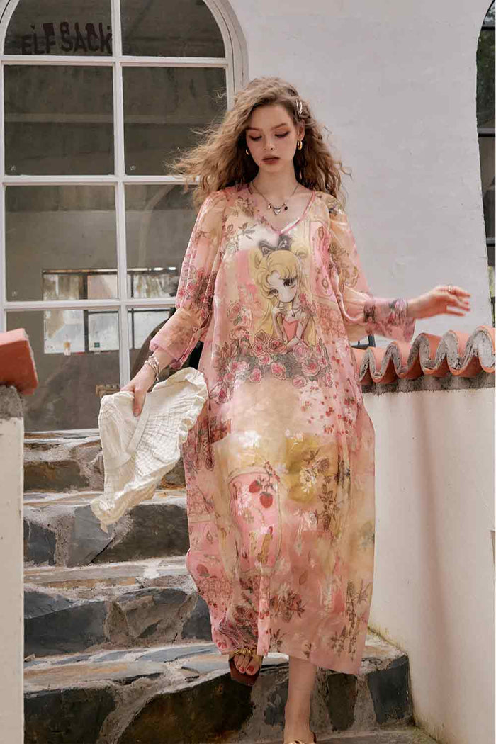 ELFSACK Anime Girl Graphic Print V Neck Maxi Dress with Floral Details