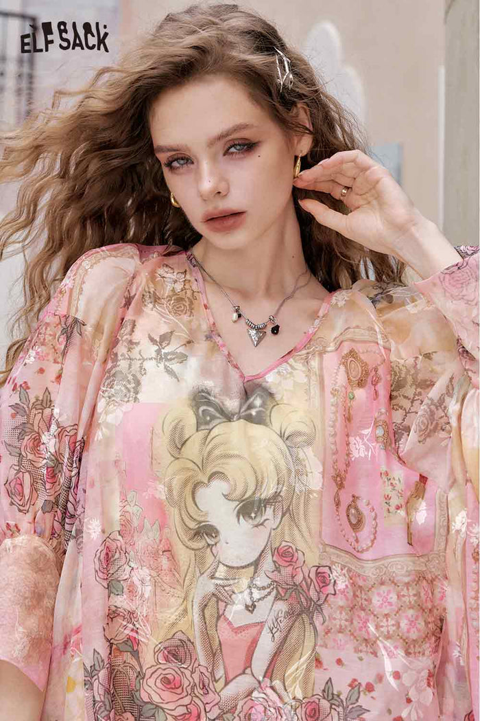 ELFSACK Anime Girl Graphic Print V Neck Maxi Dress with Floral Details