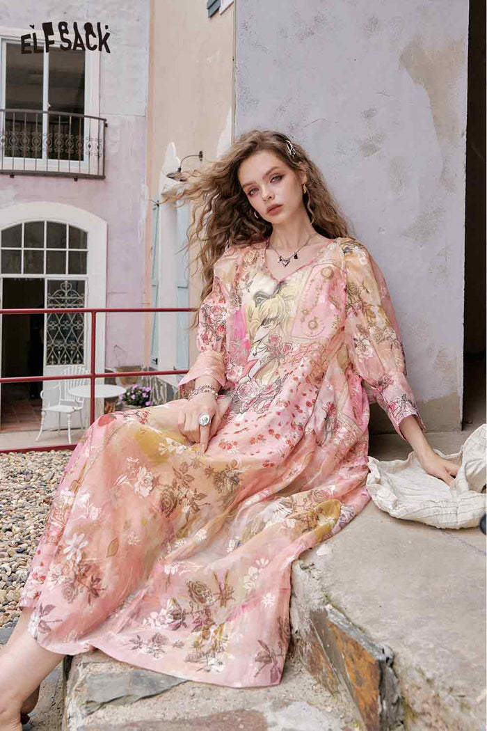ELFSACK Anime Girl Graphic Print V Neck Maxi Dress with Floral Details