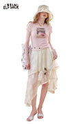 ELFSACK Asymmetric Lace Patchwork Design Slimming A Line Half Skirt