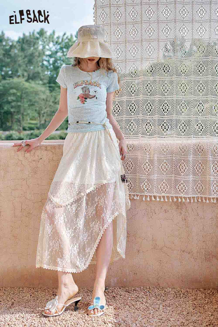 ELFSACK Asymmetric Lace Patchwork Design Slimming A Line Half Skirt