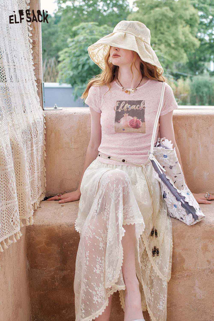 ELFSACK Asymmetric Lace Patchwork Design Slimming A Line Half Skirt