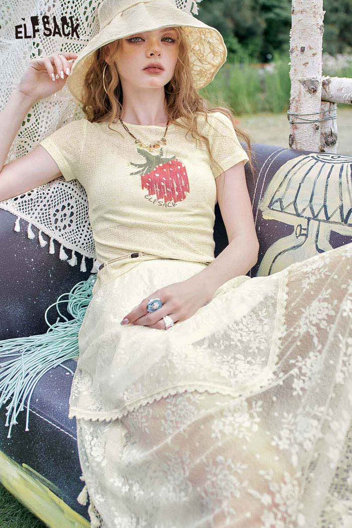 ELFSACK Asymmetric Lace Patchwork Design Slimming A Line Half Skirt