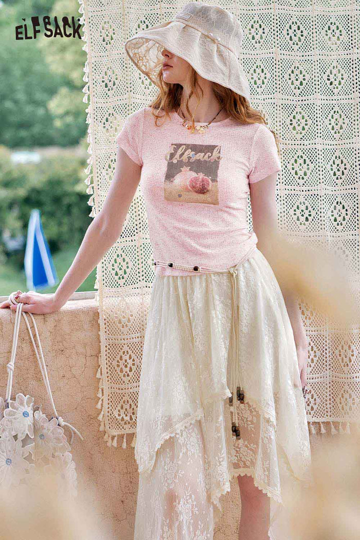 ELFSACK Asymmetric Lace Patchwork Design Slimming A Line Half Skirt