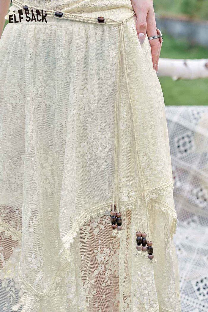 ELFSACK Asymmetric Lace Patchwork Design Slimming A Line Half Skirt