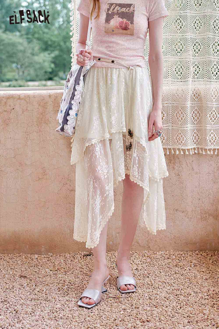 ELFSACK Asymmetric Lace Patchwork Design Slimming A Line Half Skirt
