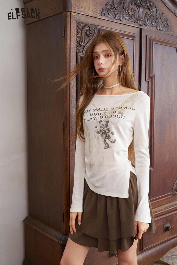 Asymmetrical Bear Graphic Long Sleeve Tee