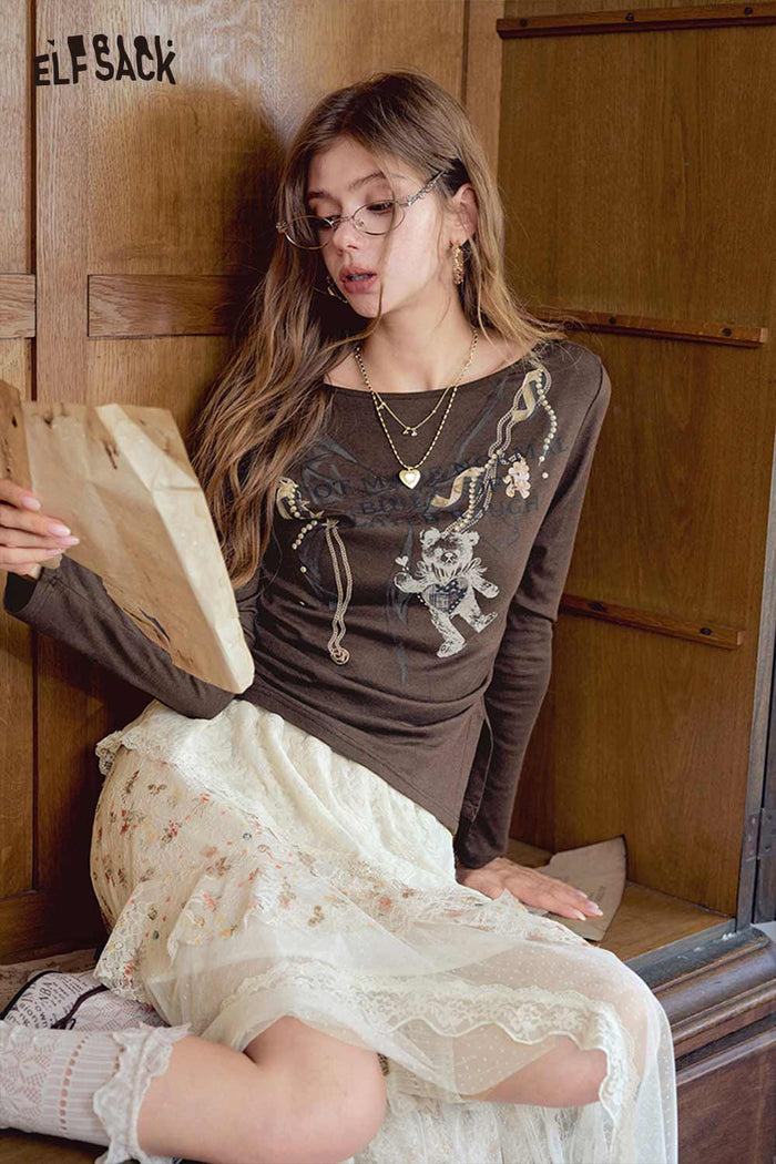 Asymmetrical Bear Graphic Long Sleeve Tee