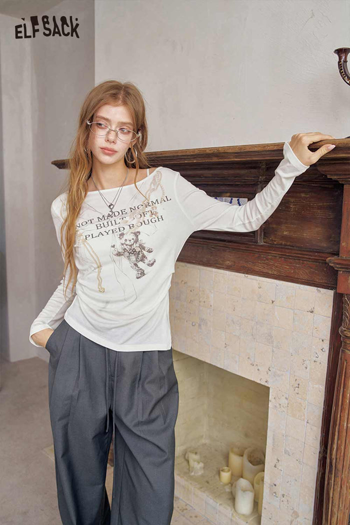 Asymmetrical Bear Graphic Long Sleeve Tee