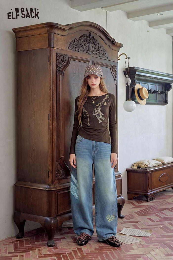 Asymmetrical Bear Graphic Long Sleeve Tee
