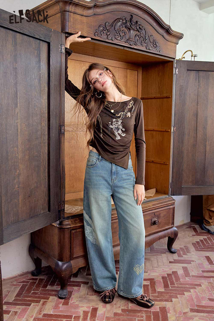 Asymmetrical Bear Graphic Long Sleeve Tee