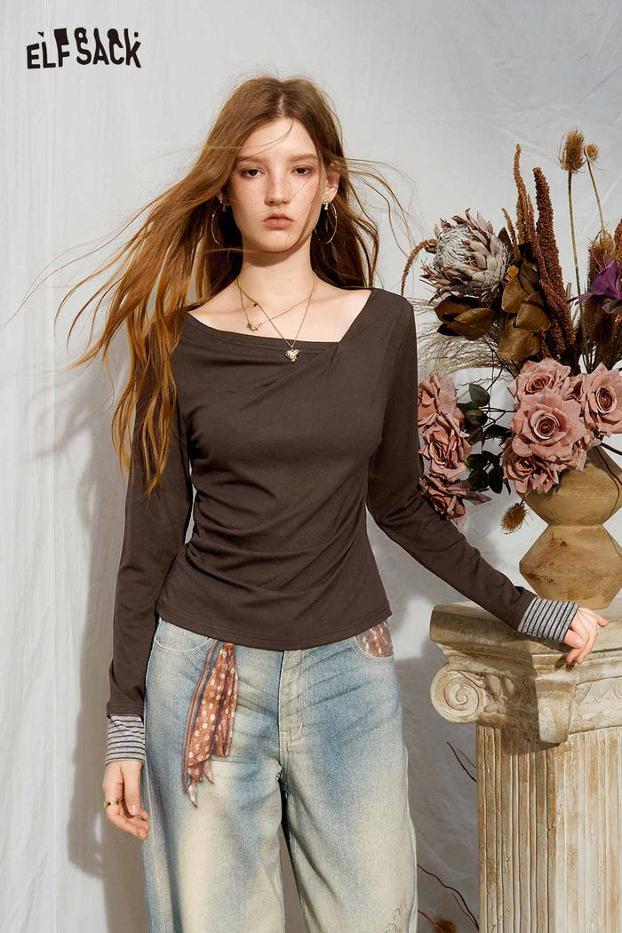 Asymmetrical Draped Neck Striped Cuff Long Sleeve Slim Tee