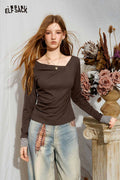 Asymmetrical Draped Neck Striped Cuff Long Sleeve Slim Tee