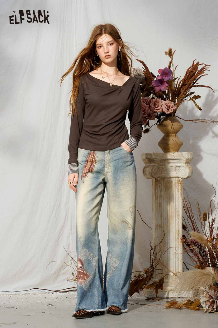 Asymmetrical Draped Neck Striped Cuff Long Sleeve Slim Tee