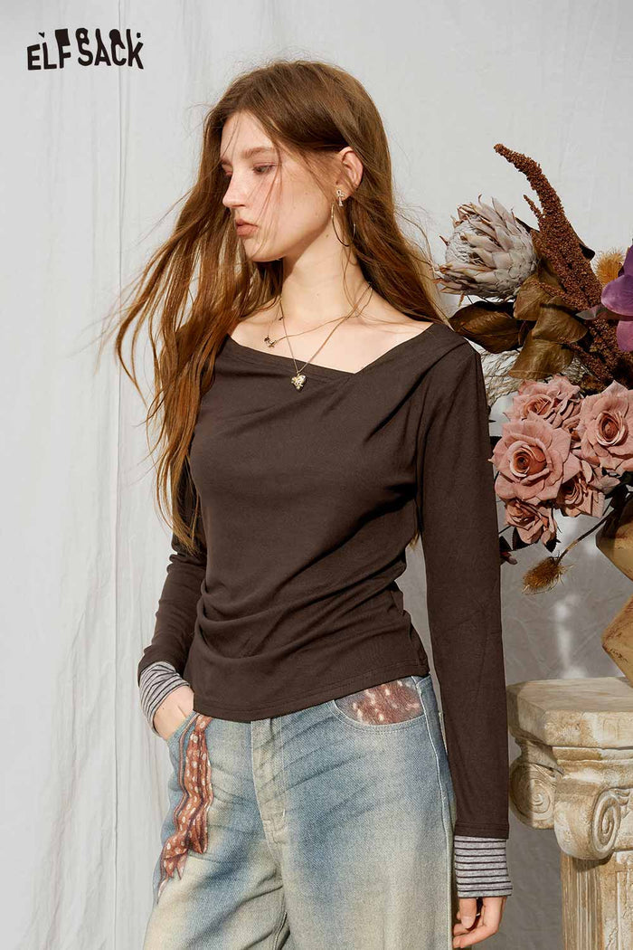 Asymmetrical Draped Neck Striped Cuff Long Sleeve Slim Tee