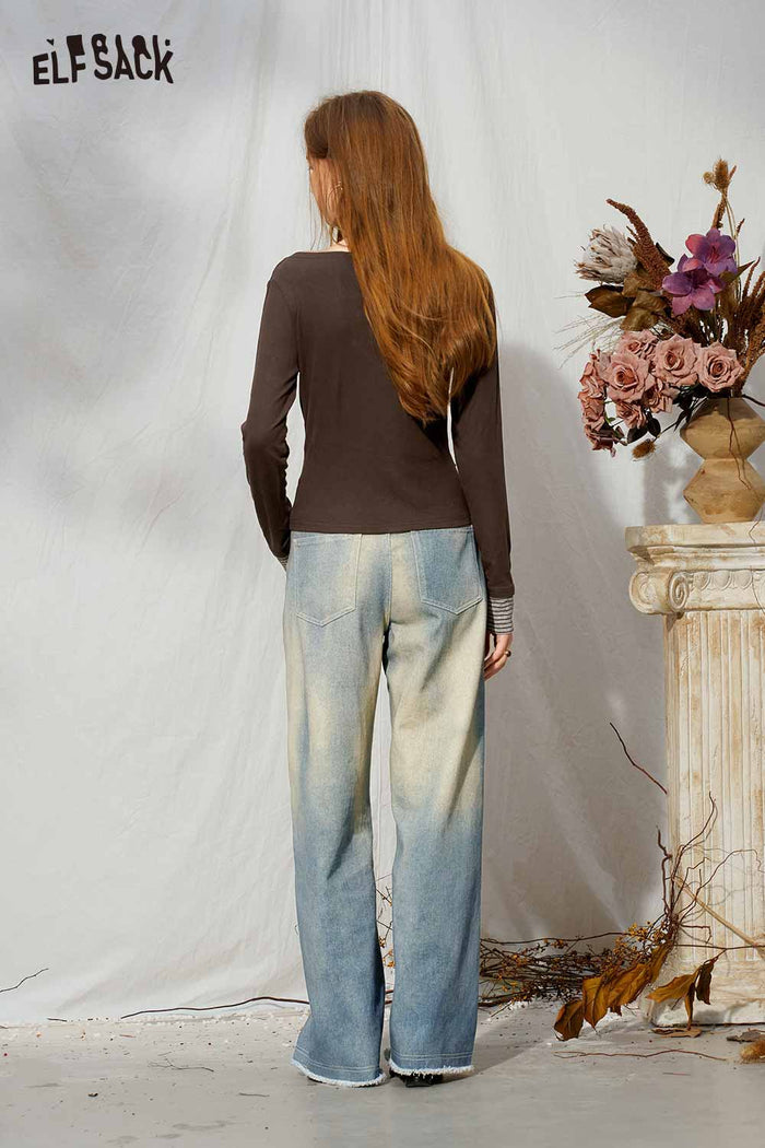 Asymmetrical Draped Neck Striped Cuff Long Sleeve Slim Tee