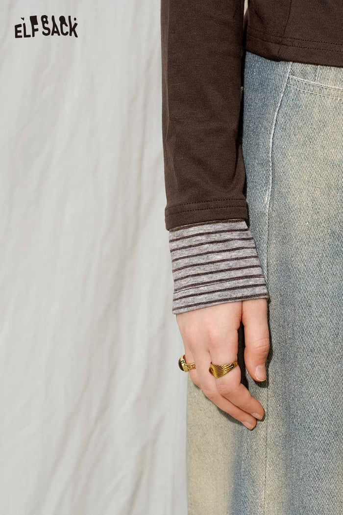 Asymmetrical Draped Neck Striped Cuff Long Sleeve Slim Tee
