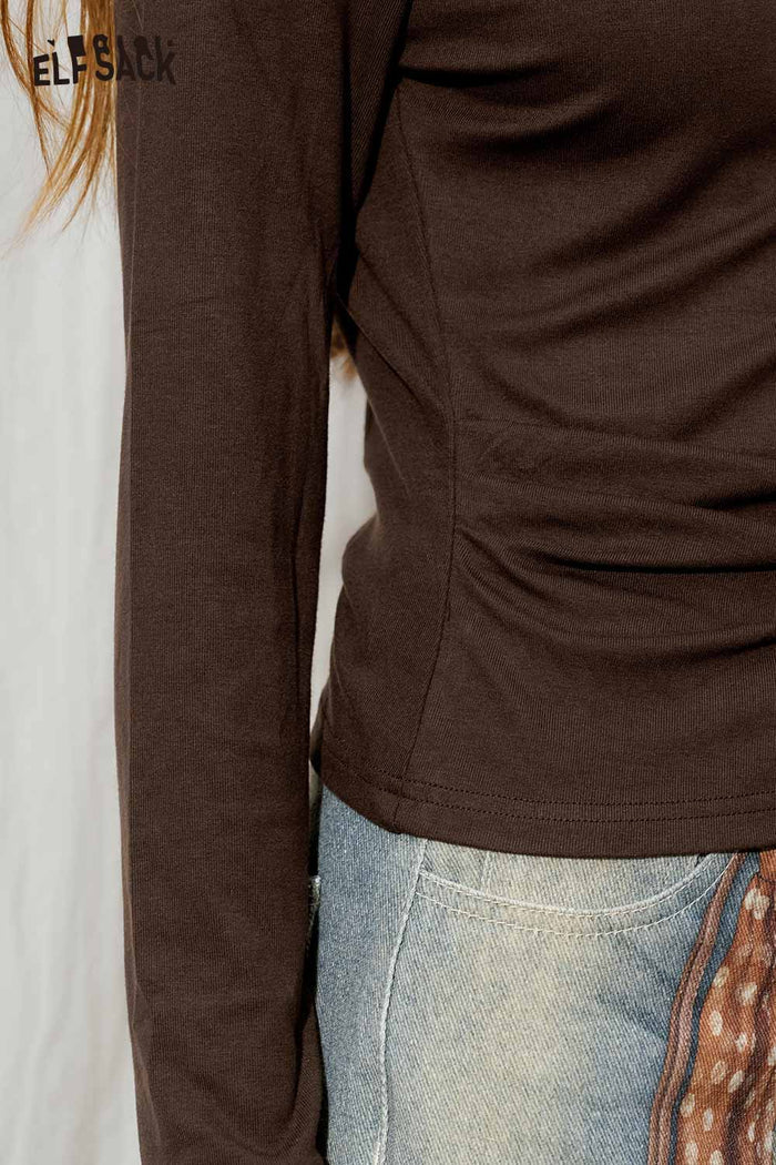Asymmetrical Draped Neck Striped Cuff Long Sleeve Slim Tee