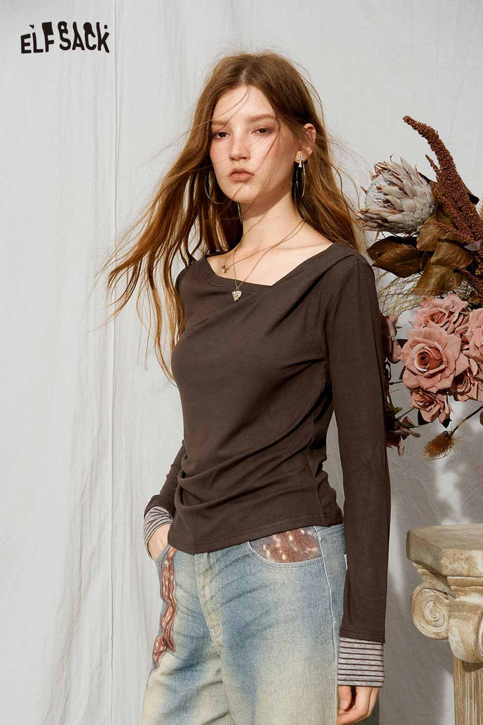 Asymmetrical Draped Neck Striped Cuff Long Sleeve Slim Tee