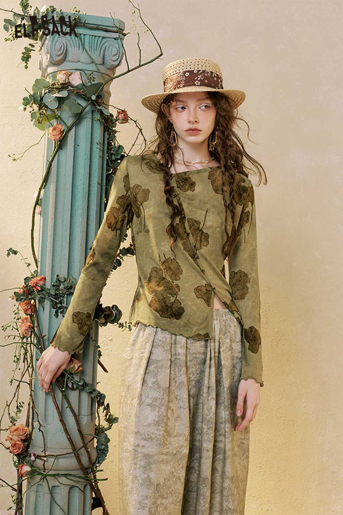 ELFSACK Asymmetrical Floral Long Sleeve Top