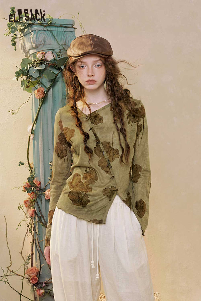 ELFSACK Asymmetrical Floral Long Sleeve Top