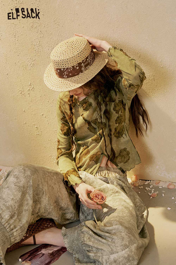 ELFSACK Asymmetrical Floral Long Sleeve Top